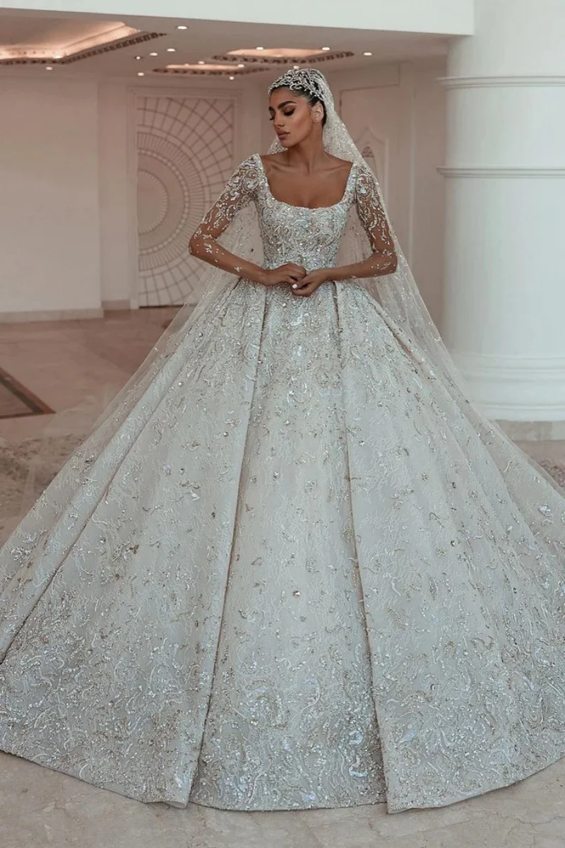Princess Ball Gown Wedding Dresses Square Collar Sequins Long Sleeve Bridal Gowns Prom Dresses Vestido de novia Customized
Princess Ball Gown Wedding Dresses Square Collar Sequins Long Sleeve Bridal Gowns Prom Dresses Vestido de novia Customized