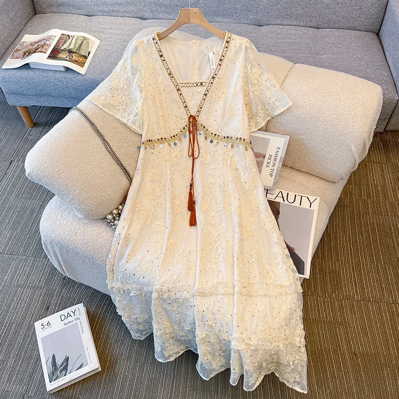 150Kg Plus Size Women's Bust 147 Summer Loose Sequined Short Sleeved V-Neck Lace Dress 5XL 6XL 7XL 8XL 9XL
150Kg Plus Size Women's Bust 147 Summer Loose Sequined Short Sleeved V-Neck Lace Dress 5XL 6XL 7XL 8XL 9XL