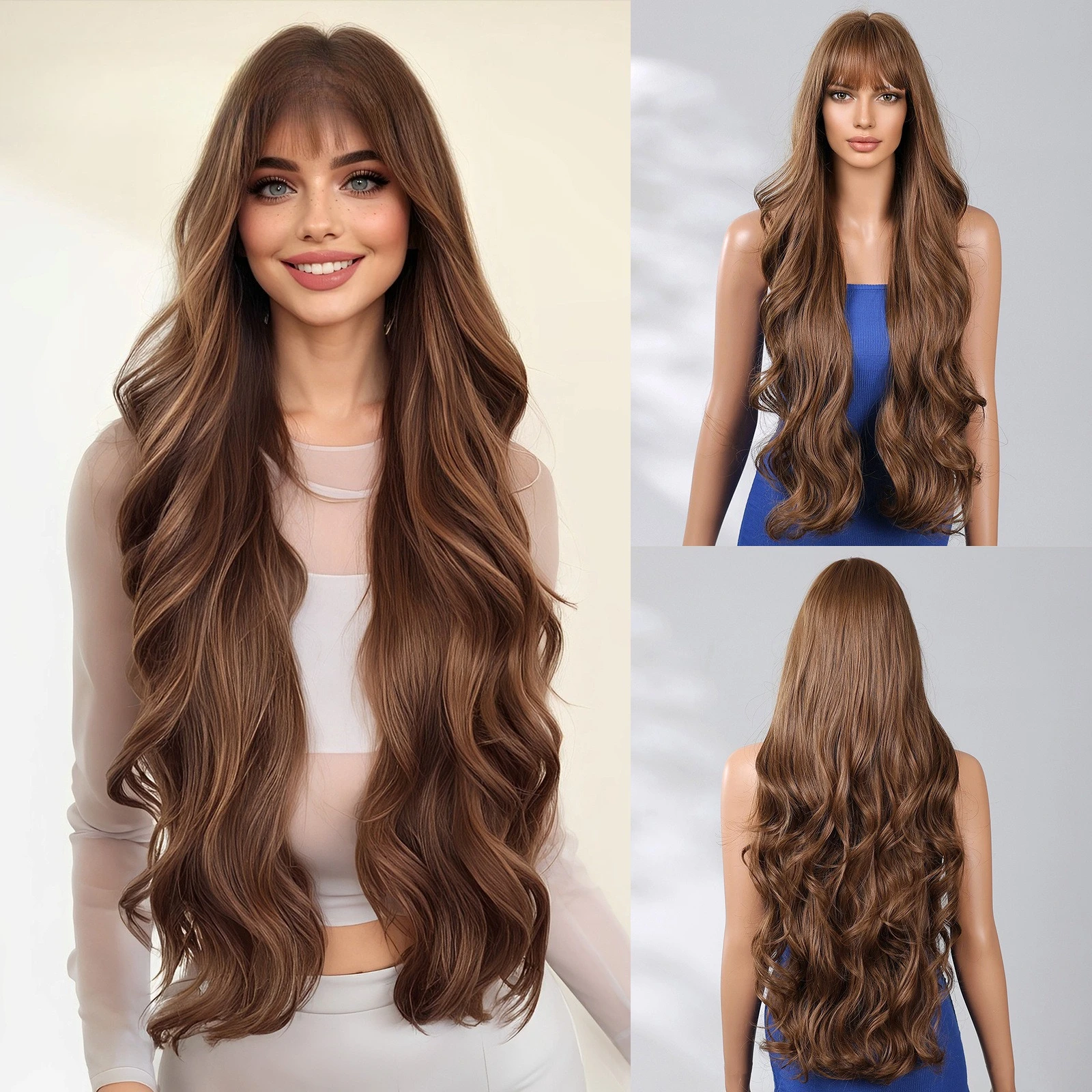 European and American new women's bangs dark brown big waves fashion long curly hair wig full head hairstyle
European and American new women's bangs dark brown big waves fashion long curly hair wig full head hairstyle