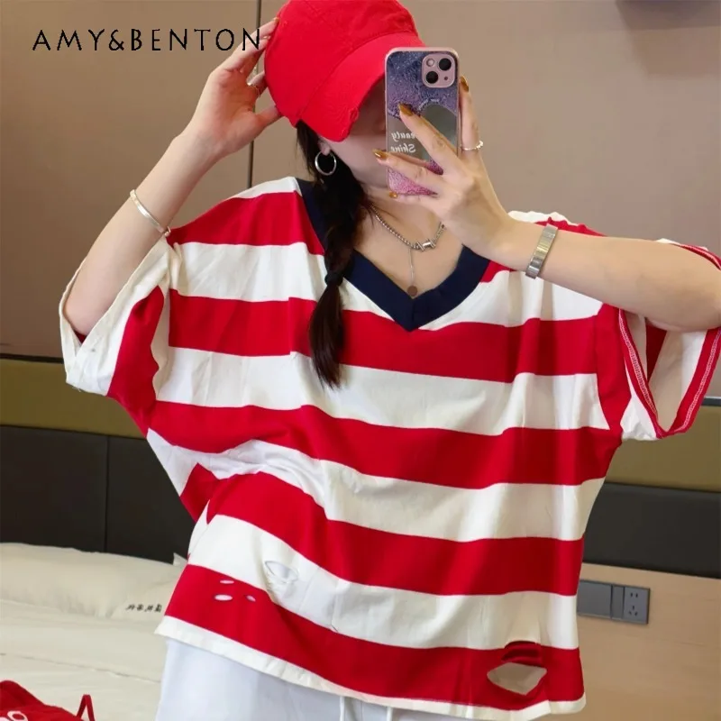 Summer New Cotton Striped V-neck Short-sleeved T-shirt Women's Versatile Simple Holes Loose Thin Medium And Long Kawaii T Shirts
Summer New Cotton Striped V-neck Short-sleeved T-shirt Women's Versatile Simple Holes Loose Thin Medium And Long Kawaii T Shirts