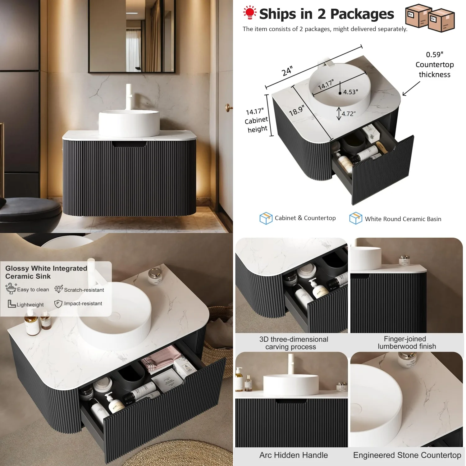 24in Floating Bathroom Vanity with Ultra-Thin Ceramic Basin Marble Top XL Storage Drawer Soft-Close Gloss Black, Customized
24in Floating Bathroom Vanity with Ultra-Thin Ceramic Basin Marble Top XL Storage Drawer Soft-Close Gloss Black, Customized