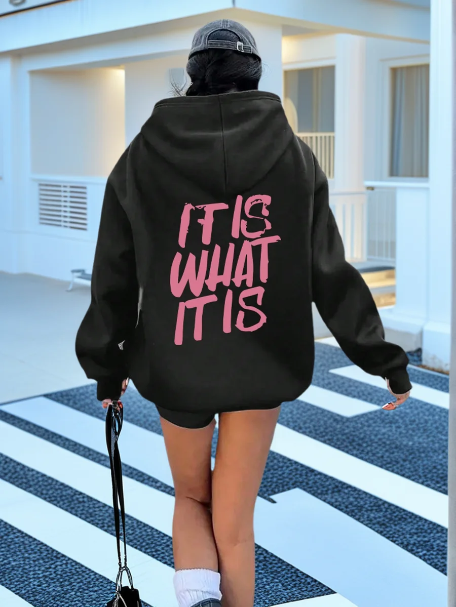 Women's Oversized Hoodie with Pink 'IT IS WHAT IT IS' Graphic Print, Street Style Autumn Winter Sweatshirt
Women's Oversized Hoodie with Pink 'IT IS WHAT IT IS' Graphic Print, Street Style Autumn Winter Sweatshirt