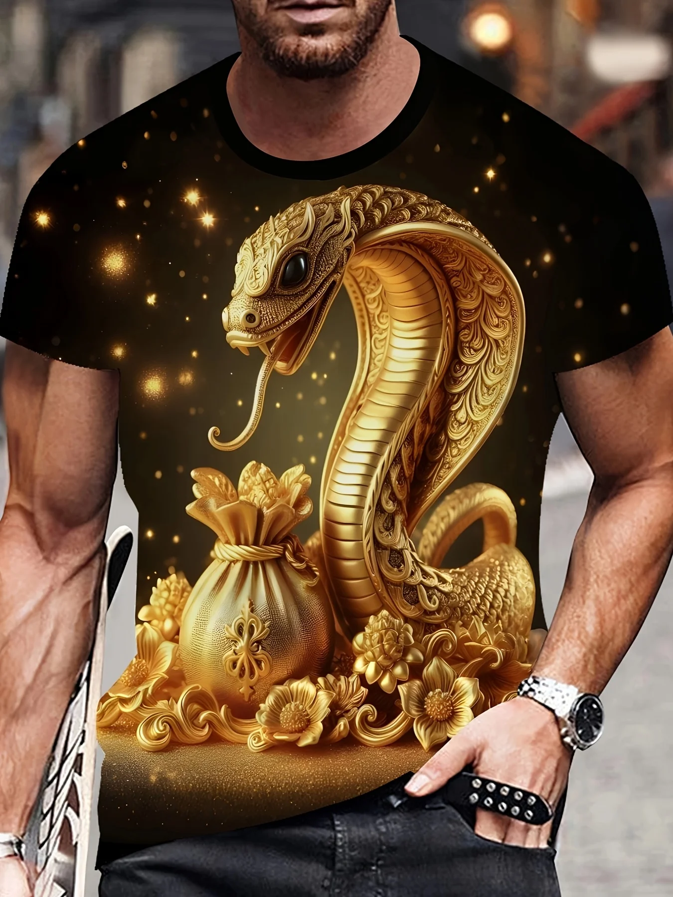 Men'S 3D Golden Snake Print T-Shirt - Casual Crew Neck,Breathable Polyester Knit Fabric,Short Sleeve,Regular Fit,Machine Washabl
Men'S 3D Golden Snake Print T-Shirt - Casual Crew Neck,Breathable Polyester Knit Fabric,Short Sleeve,Regular Fit,Machine Washabl