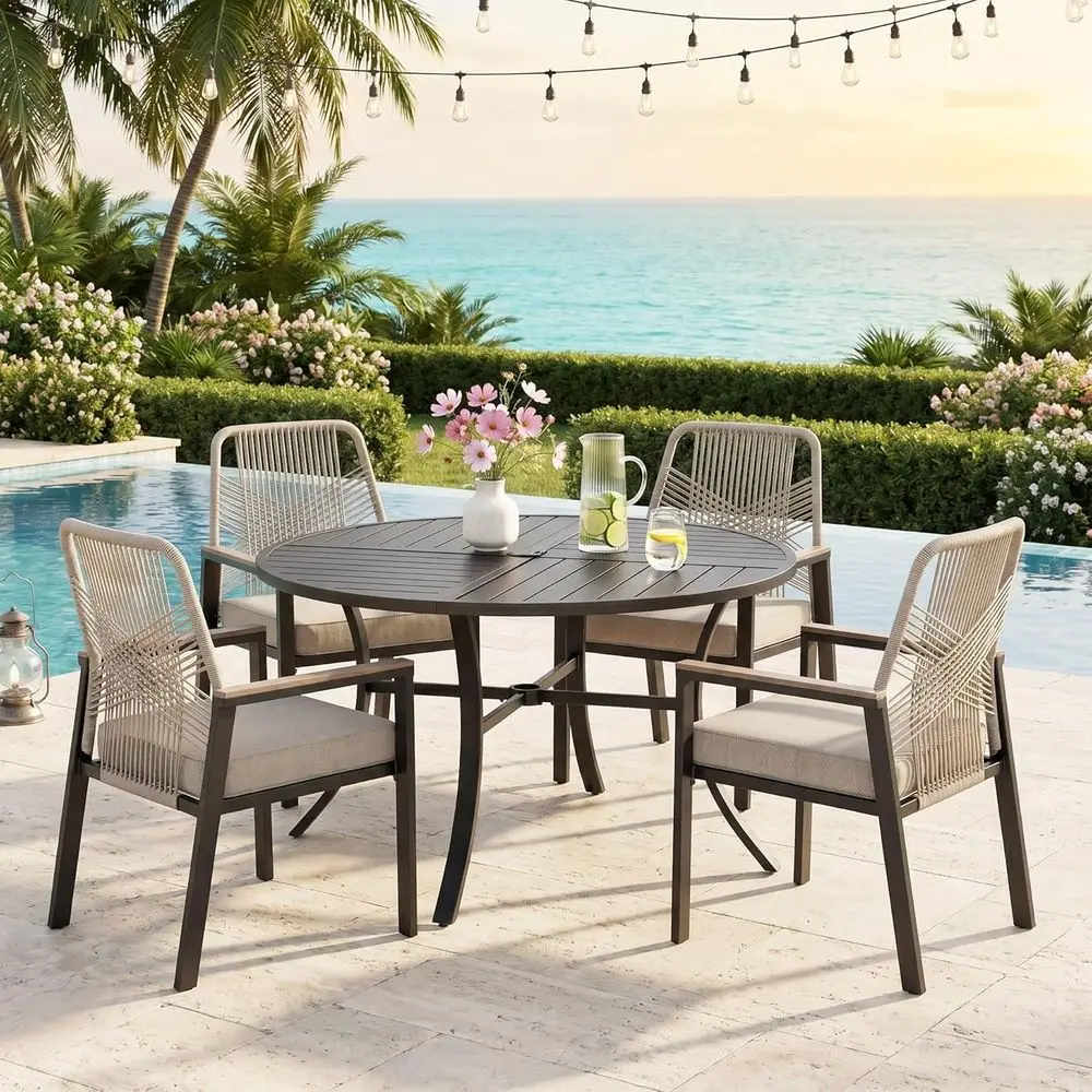 4-Piece Outdoor Dining Set with Rattan Chairs and Waterproof Cushions, 42 Round Metal Table, Beige
4-Piece Outdoor Dining Set with Rattan Chairs and Waterproof Cushions, 42 Round Metal Table, Beige