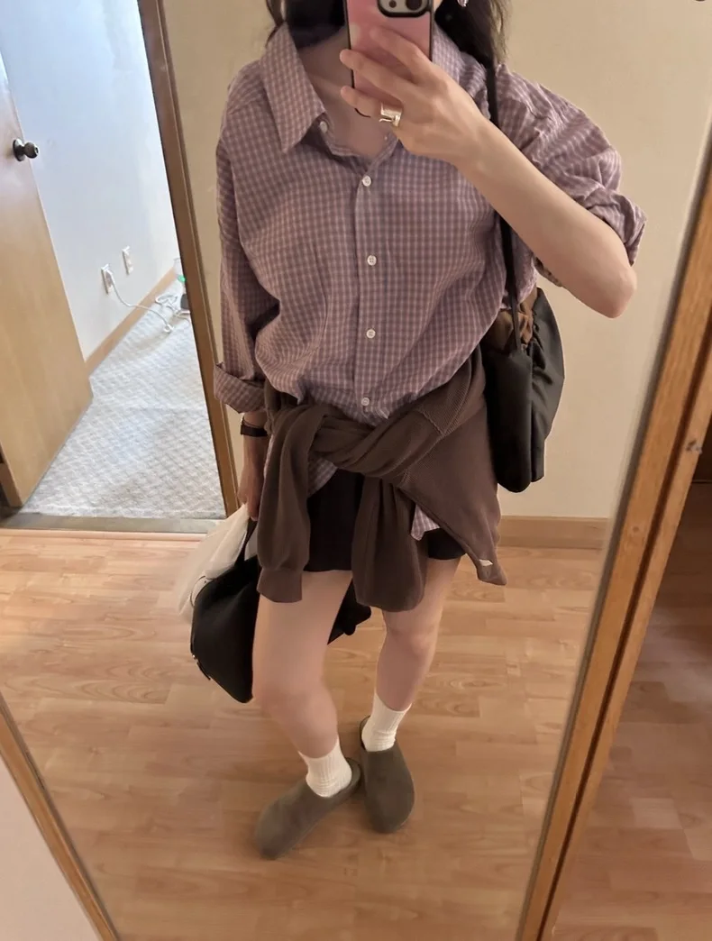 Loose Fit Plaid irt Women's Casual Long Sve Turn-down Collar Lazy Sle Top Dongda Gate Purple Pink Spring Autumn Wear
Loose Fit Plaid irt Women's Casual Long Sve Turn-down Collar Lazy Sle Top Dongda Gate Purple Pink Spring Autumn Wear