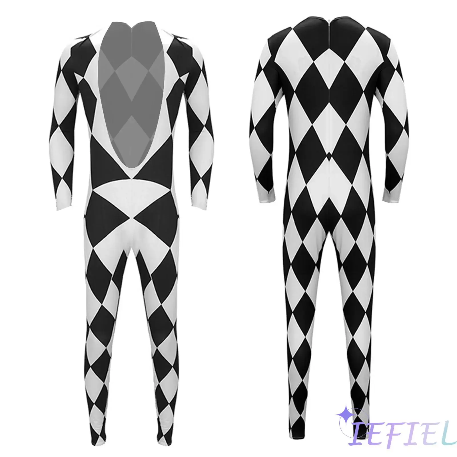 Dramatic Harlequin Jumpsuit for Men with Classic Black White Check Pattern Deep V Neck Romper for Halloween Themed Party Events
Dramatic Harlequin Jumpsuit for Men with Classic Black White Check Pattern Deep V Neck Romper for Halloween Themed Party Events