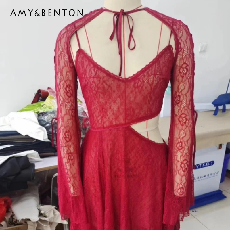 Original Design Red Sexy Lace Hollow Out Women's Sling Dress Autumn New Tight-fitting Long Sleeve Short Coat Dresses Set Ladies
Original Design Red Sexy Lace Hollow Out Women's Sling Dress Autumn New Tight-fitting Long Sleeve Short Coat Dresses Set Ladies