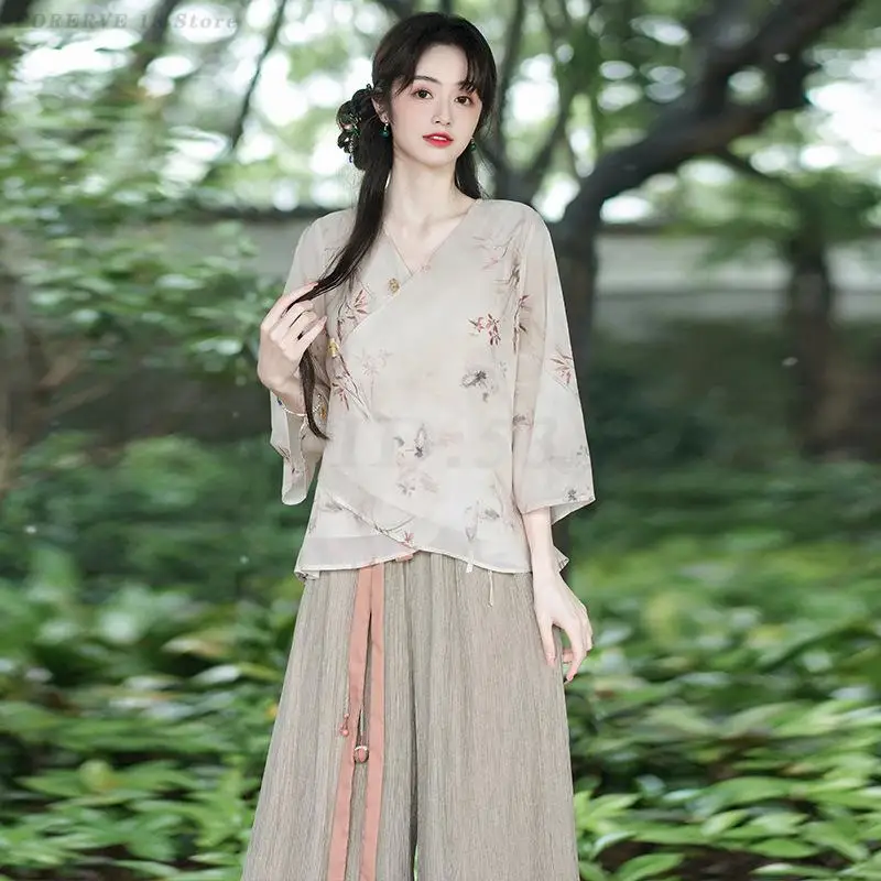 Vintage Chinese Style Hanfu Summer Fashion Printed Top Bell Bottom Artistic Elegant Zen Tea Set Traditional Ethnic Style Clothes
Vintage Chinese Style Hanfu Summer Fashion Printed Top Bell Bottom Artistic Elegant Zen Tea Set Traditional Ethnic Style Clothes