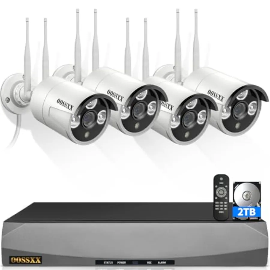 Outdoor security camera system for home use, IP67 waterproof plastic cameras in black with dual antenna, night vision and audio
Outdoor security camera system for home use, IP67 waterproof plastic cameras in black with dual antenna, night vision and audio