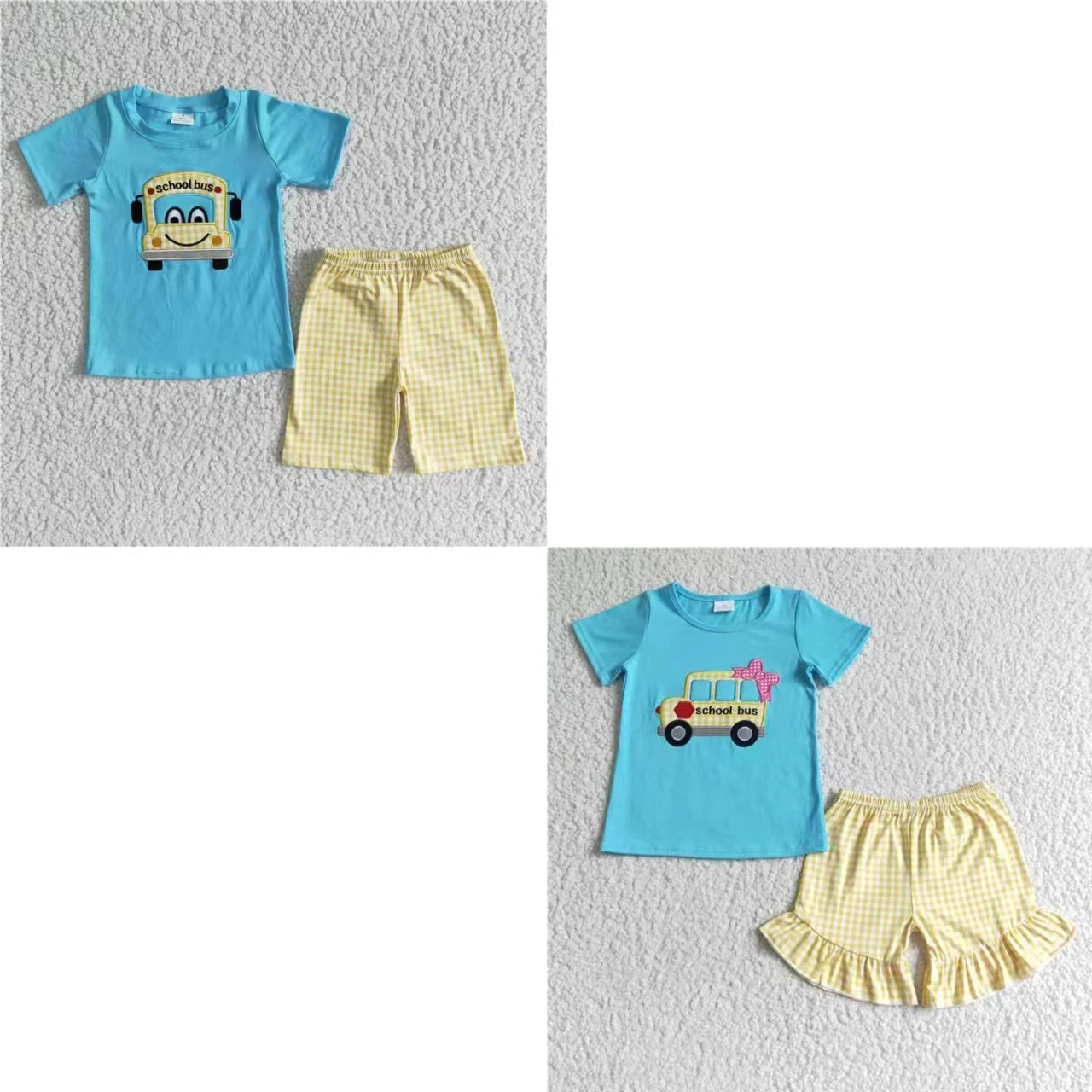 Wholesale Toddler Matching Baby Girl Boy Kid Outfit Children Short Sleeves Embroidery Bus Shirt Plaid Shorts Back to School Set
Wholesale Toddler Matching Baby Girl Boy Kid Outfit Children Short Sleeves Embroidery Bus Shirt Plaid Shorts Back to School Set