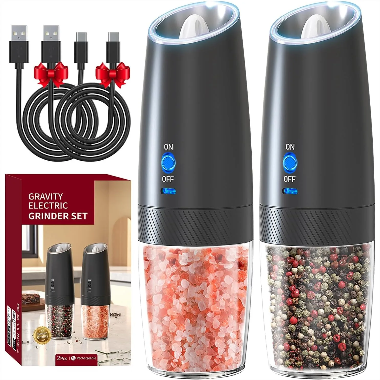 Electric Pepper and Salt Grinder Set, Rechargeable with Adjustable Coarseness, LED Light, One-Hand Operation - 2 Pack Black
Electric Pepper and Salt Grinder Set, Rechargeable with Adjustable Coarseness, LED Light, One-Hand Operation - 2 Pack Black