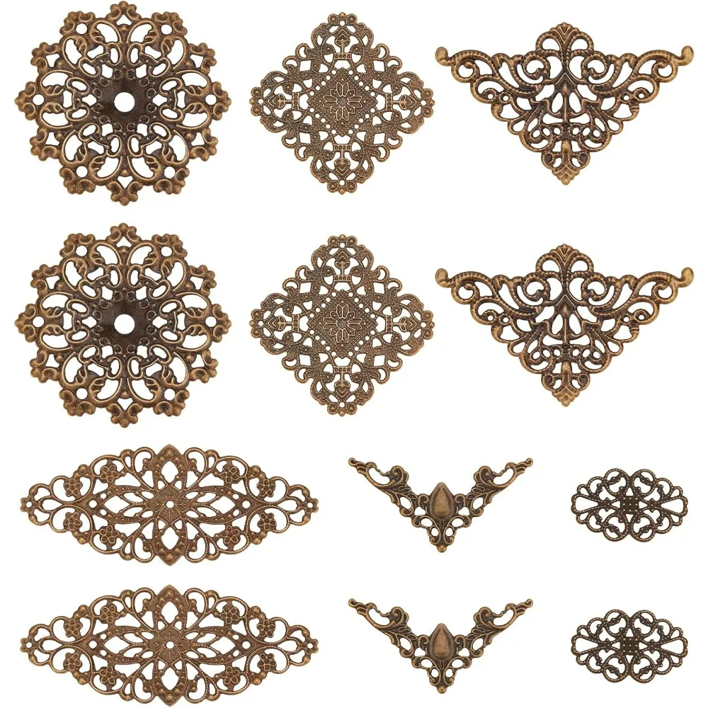 60Pcs 6 Styles Antique Bronze Filigree Metal Filigree Pieces Iron Flower Embellishment Hollow Tibetan Charm for Jewelry kit
60Pcs 6 Styles Antique Bronze Filigree Metal Filigree Pieces Iron Flower Embellishment Hollow Tibetan Charm for Jewelry kit