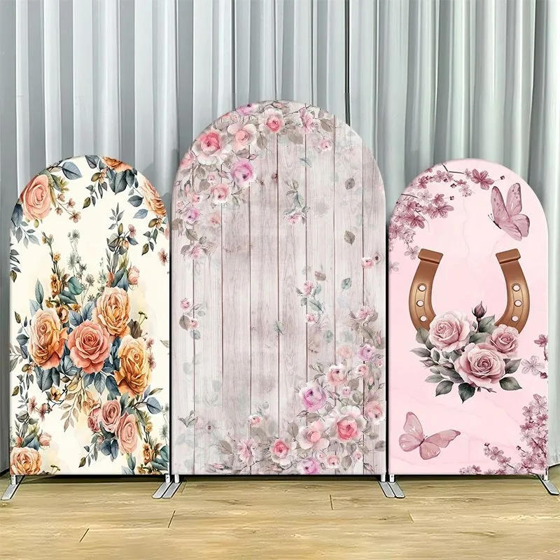 Single Side Arch Backdrop Cover Rustic Floral Arch Backdrop Set Featuring Vintage Wood Texture Roses and Horseshoe
Single Side Arch Backdrop Cover Rustic Floral Arch Backdrop Set Featuring Vintage Wood Texture Roses and Horseshoe