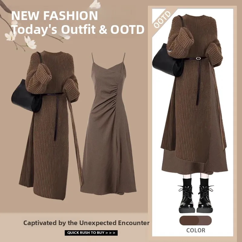 Fashionable Autumn Winter Outfit Women's Long Sweater Jacket Slimming Waist Cinched Strap Dress Two Piece Set Elegant Style
Fashionable Autumn Winter Outfit Women's Long Sweater Jacket Slimming Waist Cinched Strap Dress Two Piece Set Elegant Style