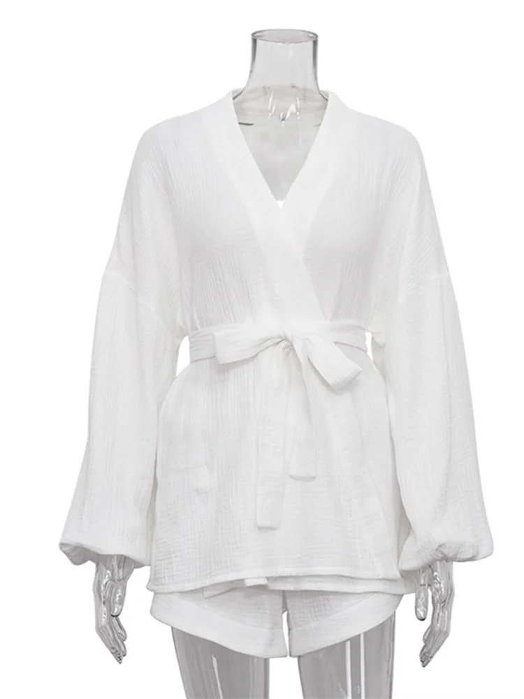 Lace Up Pleated Women's Suits V-neck Loose Long Sleeves Tops High Waist Straight-leg Shorts Lady Summer Street Outfit Clothes
Lace Up Pleated Women's Suits V-neck Loose Long Sleeves Tops High Waist Straight-leg Shorts Lady Summer Street Outfit Clothes