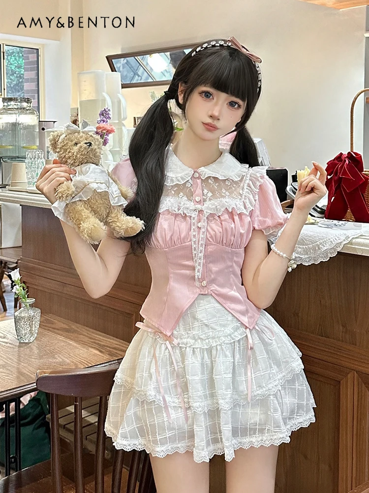 Sweet Princess Lolita Skirt Sets Summer Pink Lace Peter Pan Collar Short Sleeve Shirt Cake Skirt Two Piece Sets Womens Outifits
Sweet Princess Lolita Skirt Sets Summer Pink Lace Peter Pan Collar Short Sleeve Shirt Cake Skirt Two Piece Sets Womens Outifits