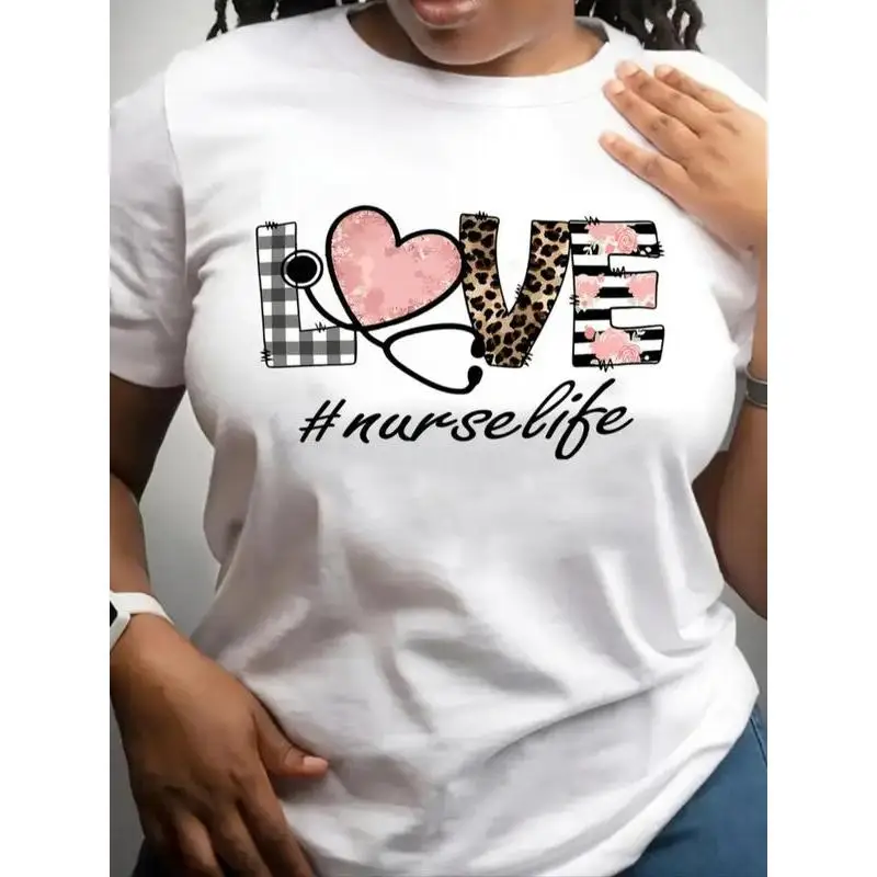 Nurse Theme T-shirt Women, Cute LOVE & Stethoscope Graphic, Funny Gift for Nursing Students, Casual Summer Short Sleeve Top
Nurse Theme T-shirt Women, Cute LOVE & Stethoscope Graphic, Funny Gift for Nursing Students, Casual Summer Short Sleeve Top