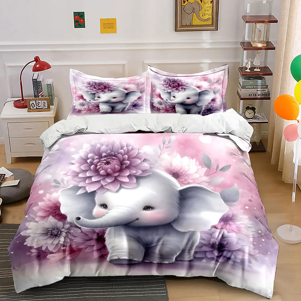 Cute elephant with pink-purple flowers Print Soft Comfortable Duvet Cover Bedding Set Included 1*Duvet Cover 2*Pillowcases
Cute elephant with pink-purple flowers Print Soft Comfortable Duvet Cover Bedding Set Included 1*Duvet Cover 2*Pillowcases