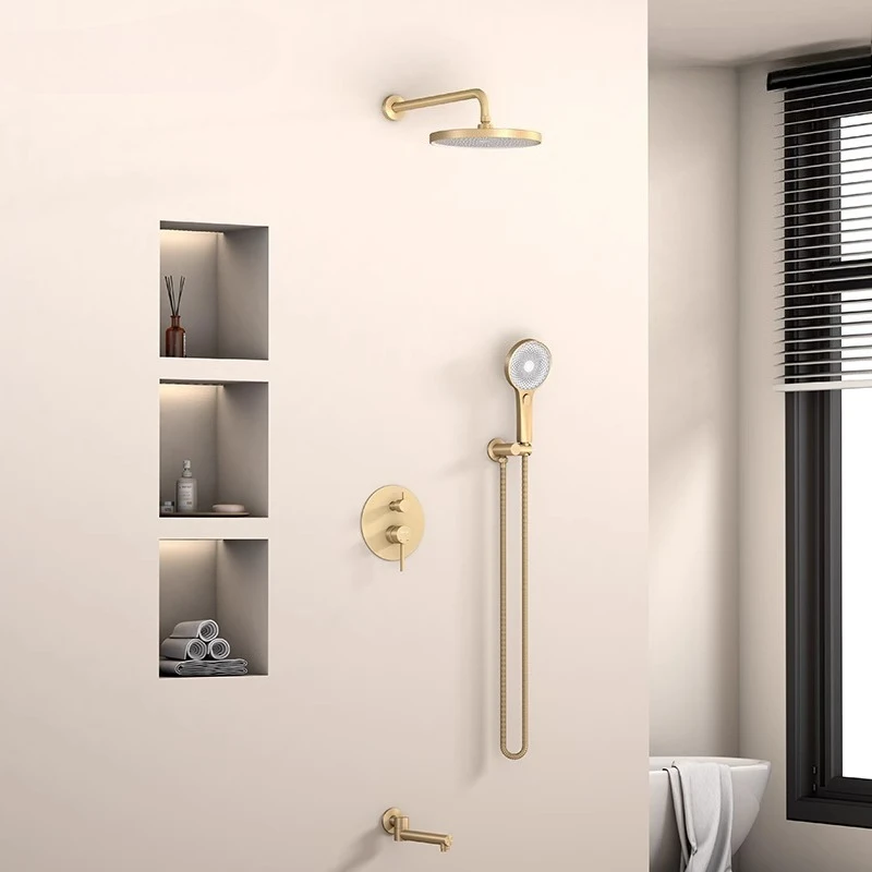 FARRETE concealed wall-mounted showerhead brushed gold pressurized top spray pre-embedded hidden built-in shower set hotel
FARRETE concealed wall-mounted showerhead brushed gold pressurized top spray pre-embedded hidden built-in shower set hotel