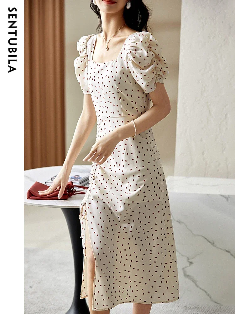 SENTUBILA Women's Dresses 2026 Summer French Elegant Polka Dot Short Sleeve Square Collar Shirring Slit Ladies Dress 122L41885
SENTUBILA Women's Dresses 2026 Summer French Elegant Polka Dot Short Sleeve Square Collar Shirring Slit Ladies Dress 122L41885