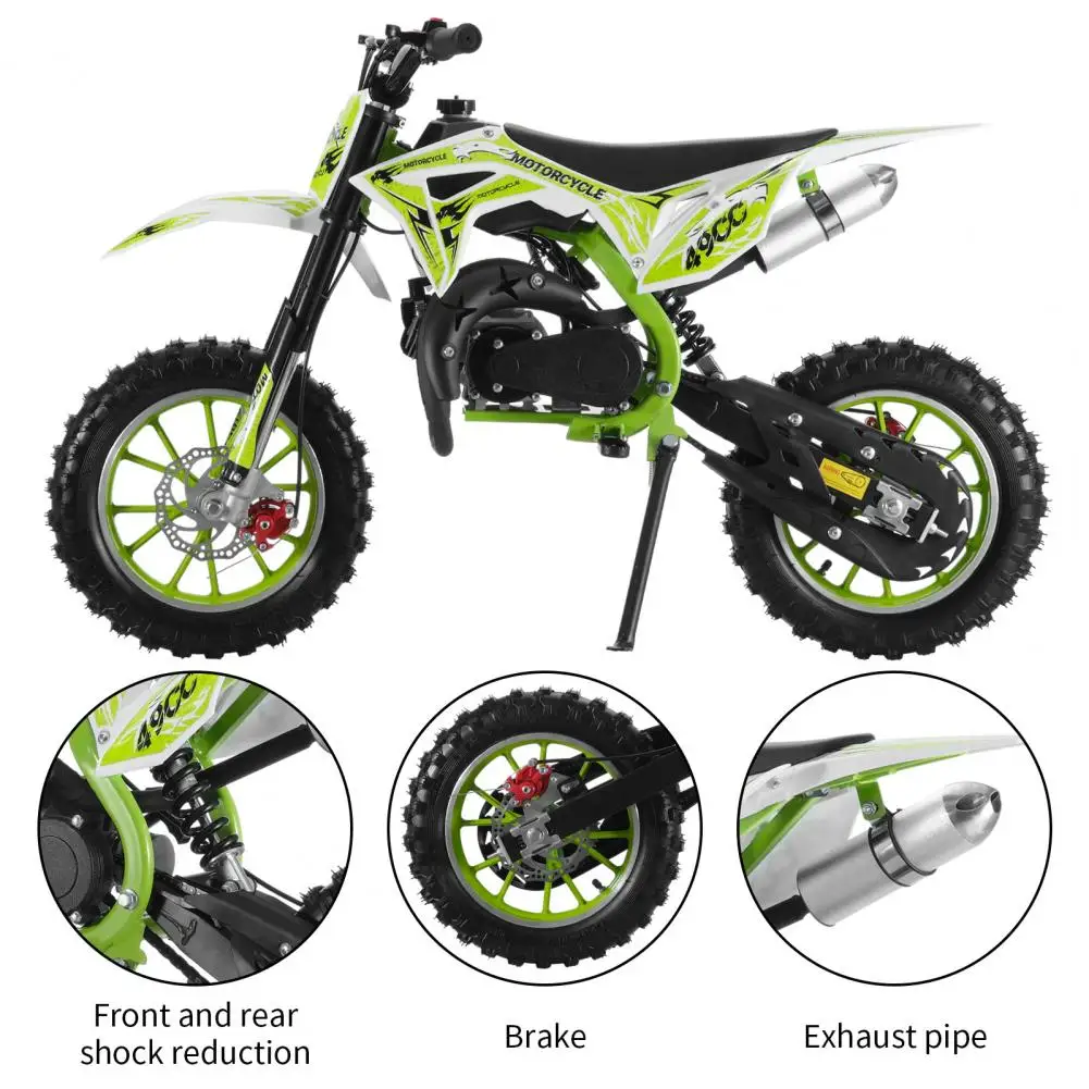 (Load Bearing:330lb)49cc 2-stroke mini off-road motorcycle, mini gasoline powered motorcycle, dual front/rear disc brakes
(Load Bearing:330lb)49cc 2-stroke mini off-road motorcycle, mini gasoline powered motorcycle, dual front/rear disc brakes
