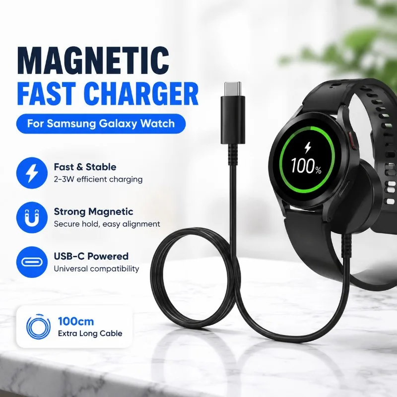 Magnetic Wireless Charger for Samsung Galaxy Watch 8/7/6/5 Pro/5/4/3/Active 2, USB-C Fast Charging Stand Dock, 2-3W, 100cm
Magnetic Wireless Charger for Samsung Galaxy Watch 8/7/6/5 Pro/5/4/3/Active 2, USB-C Fast Charging Stand Dock, 2-3W, 100cm
