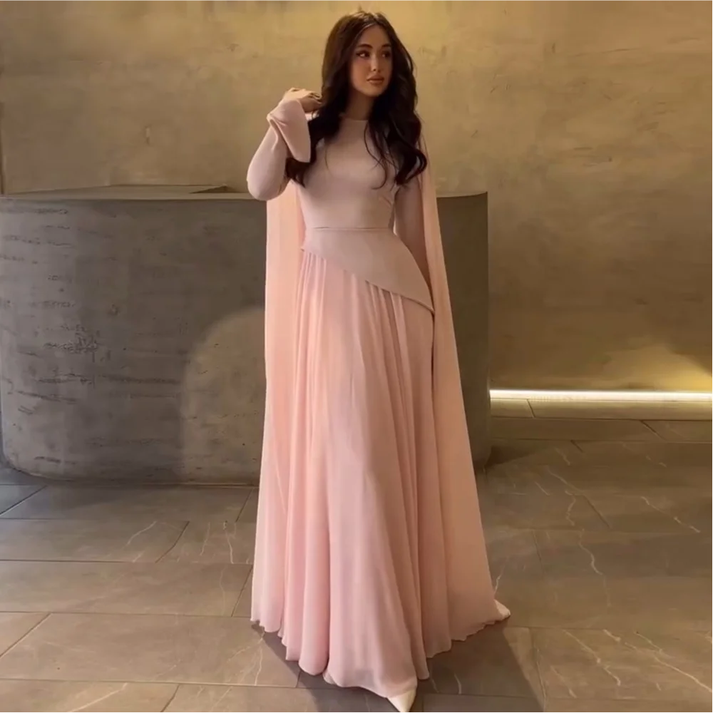 Pink Saudi Arabia Prom Dresses 2026 O-Neck Shawl Long Sleeve A-Line Pleated Floor-length Elegant Wedding Party Dress Customized
Pink Saudi Arabia Prom Dresses 2026 O-Neck Shawl Long Sleeve A-Line Pleated Floor-length Elegant Wedding Party Dress Customized