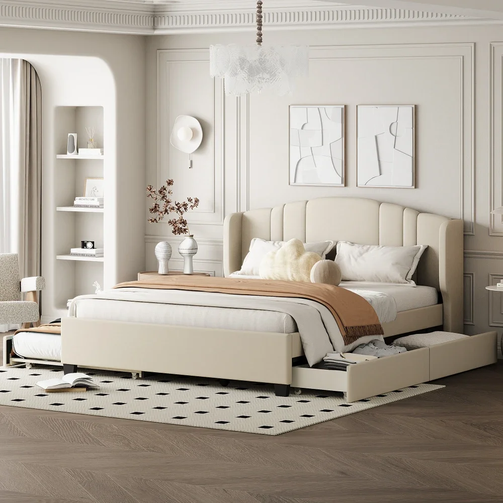Upholstered Platform Bed with Wingback Headboard, One Twin Trundle and 2 Drawers, No Box Spring Needed, Linen Fabric,Queen Size
Upholstered Platform Bed with Wingback Headboard, One Twin Trundle and 2 Drawers, No Box Spring Needed, Linen Fabric,Queen Size
