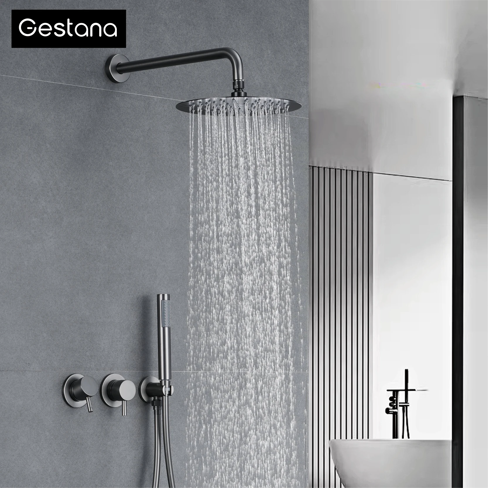 Luxury brass gun gray wall mounted shower head system with minimalist design, dual handle hot and cold water bathroom faucet
Luxury brass gun gray wall mounted shower head system with minimalist design, dual handle hot and cold water bathroom faucet