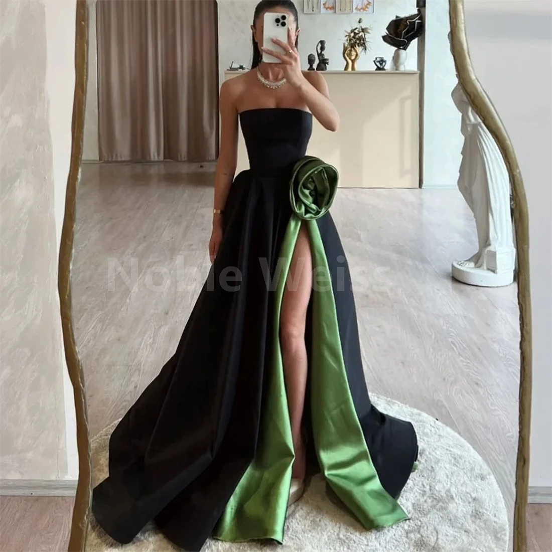 Soft Satin Prom Dress Formal Strapless Floor Length Flower Prom Gown With Split Customized
Soft Satin Prom Dress Formal Strapless Floor Length Flower Prom Gown With Split Customized