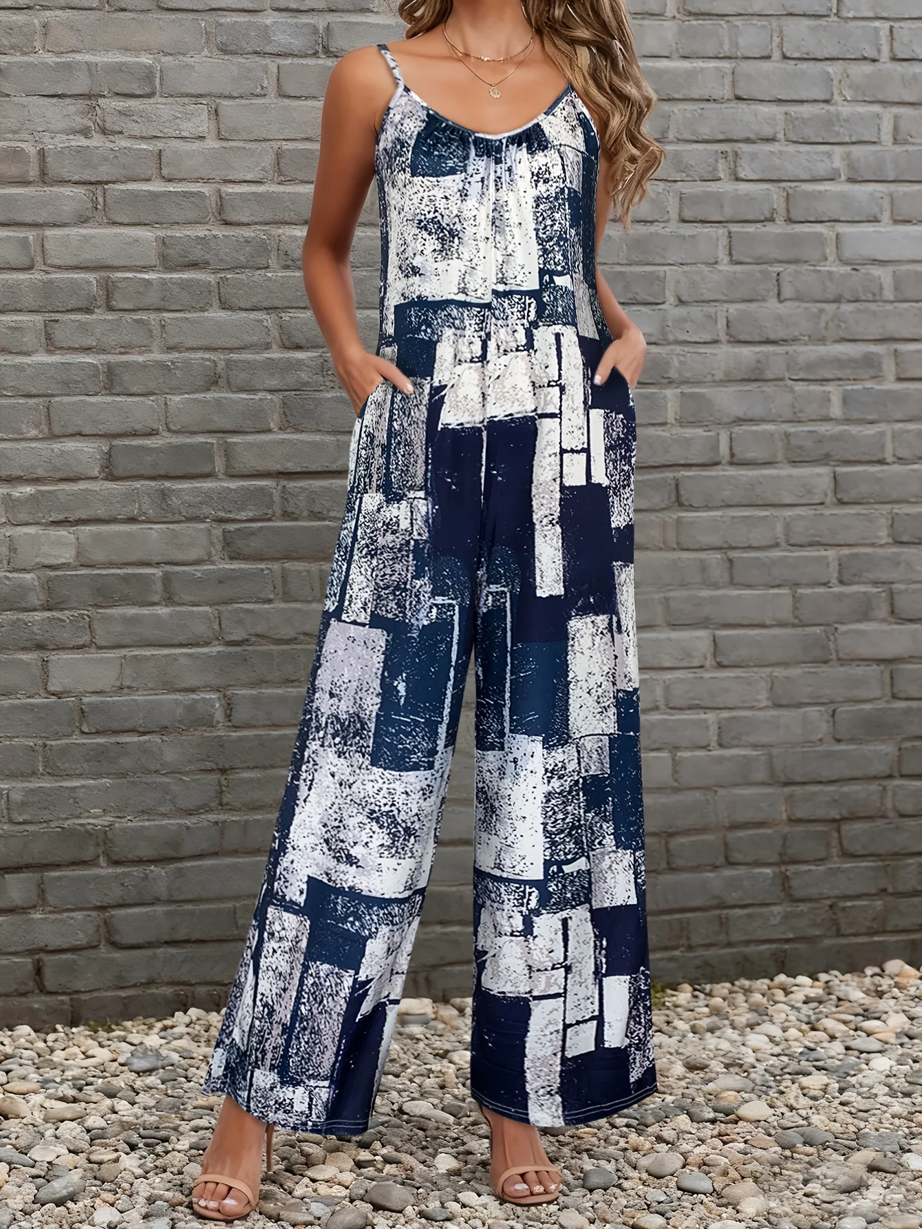 Women's Navy Abstract Block Print Spaghetti Strap Jumpsuit, V Neck Loose Wide Leg Pants Romper With Side Pockets
Women's Navy Abstract Block Print Spaghetti Strap Jumpsuit, V Neck Loose Wide Leg Pants Romper With Side Pockets