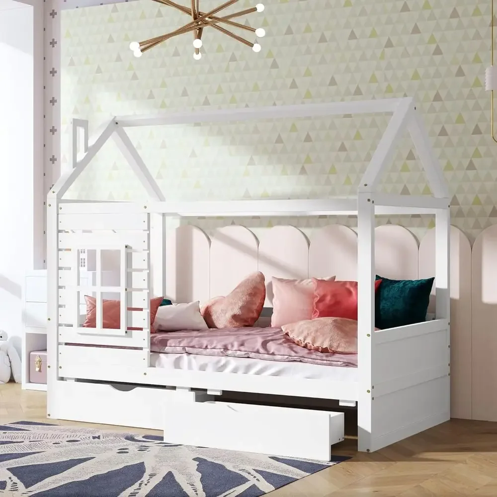 Full-Size Wooden Kids Bed with 2 Drawers, Window, and Room for Playhouse Daybed, White, Unisex
Full-Size Wooden Kids Bed with 2 Drawers, Window, and Room for Playhouse Daybed, White, Unisex