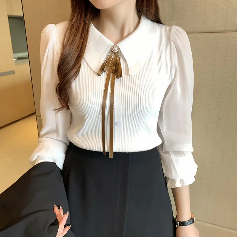 Korean Spring Autumn Women Sweaters Solid Bow Peter Pan Collar Patchwork Chiffon Butterfly Sleeve Fashion Slim Long Sleeve Tops
Korean Spring Autumn Women Sweaters Solid Bow Peter Pan Collar Patchwork Chiffon Butterfly Sleeve Fashion Slim Long Sleeve Tops