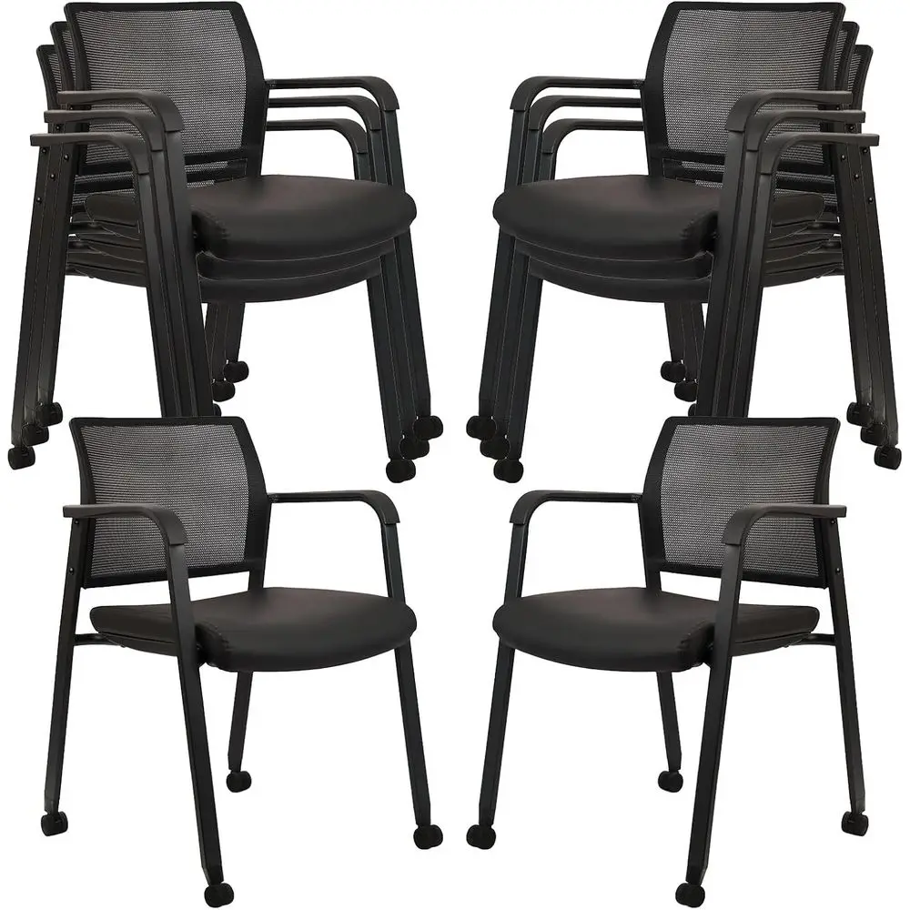 Черные штабелируемые офисные стулья с кожаной подушкой и колесиками и сетчатой спинкой, 8 шт. для комнаты ожидания или конференц-зала
Черные штабелируемые офисные стулья с кожаной подушкой и колесиками и сетчатой спинкой, 8 шт. для комнаты ожидания или конференц-зала