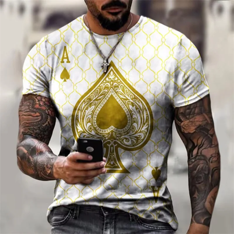 Poker printed casual short sleeved T-shirt for men, card printed T-shirt, 3D round neck casual street hip-hop trendy clothing
Poker printed casual short sleeved T-shirt for men, card printed T-shirt, 3D round neck casual street hip-hop trendy clothing