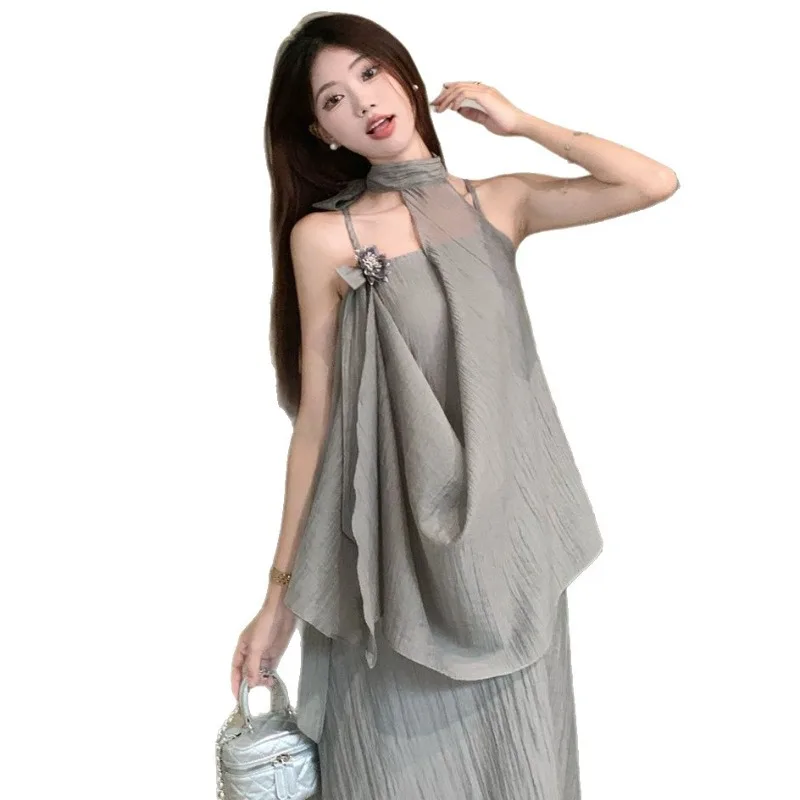 Summer Wear Suit New Chinese Neck Suspender Dress Femininity Cold Relaxation Long Skirt Temperament Commuter Women's Clothing
Summer Wear Suit New Chinese Neck Suspender Dress Femininity Cold Relaxation Long Skirt Temperament Commuter Women's Clothing