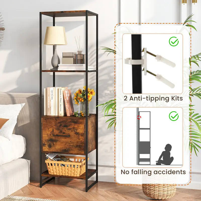 5-Tier Narrow Bookcase with 4 Open Shelves and Storage Drawer-Rustic Brown
5-Tier Narrow Bookcase with 4 Open Shelves and Storage Drawer-Rustic Brown