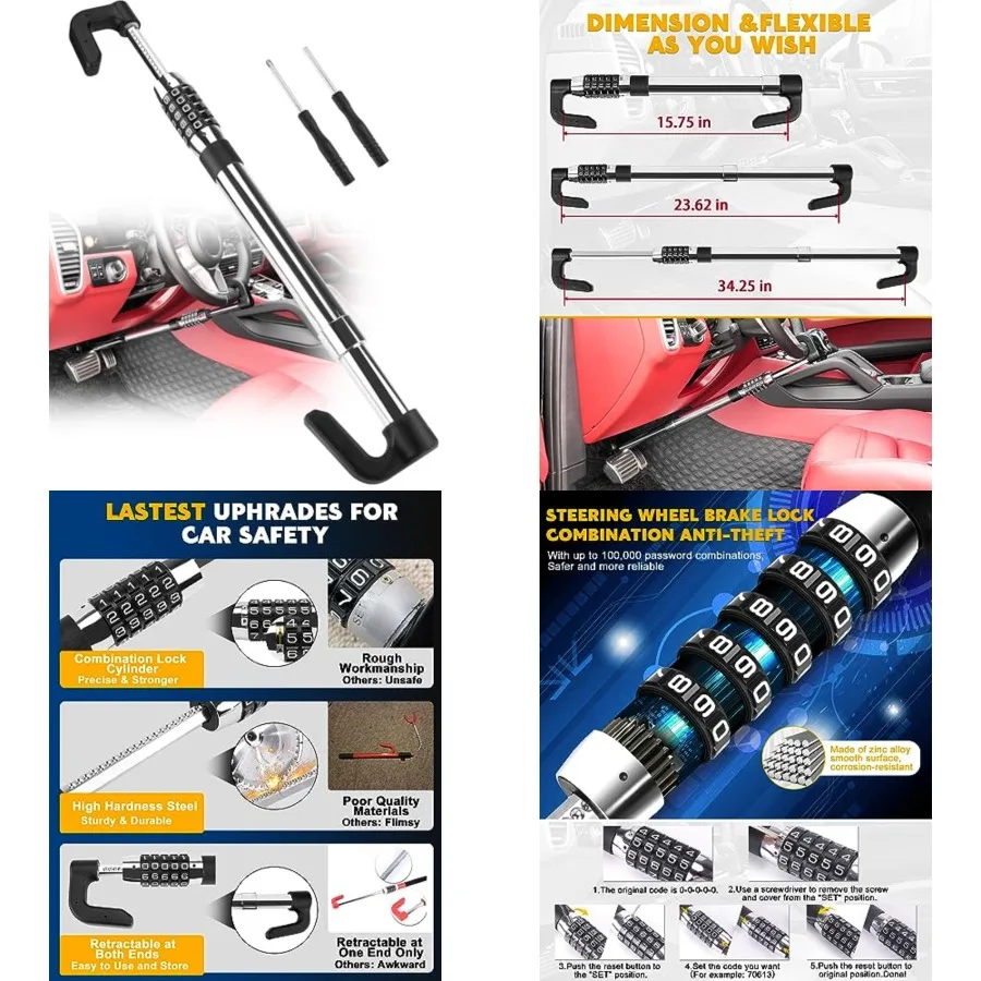 Steering Wheel Lock Anti Theft Device Retractable Brake Pedal Lock Keyless Password 5 Coded Combination Anti Theft Car Security Device Heavy Duty Universal Fit for Vehicle Car Truck Van SUV
Steering Wheel Lock Anti Theft Device Retractable Brake Pedal Lock Keyless Password 5 Coded Combination Anti Theft Car Security Device Heavy Duty Universal Fit for Vehicle Car Truck Van SUV