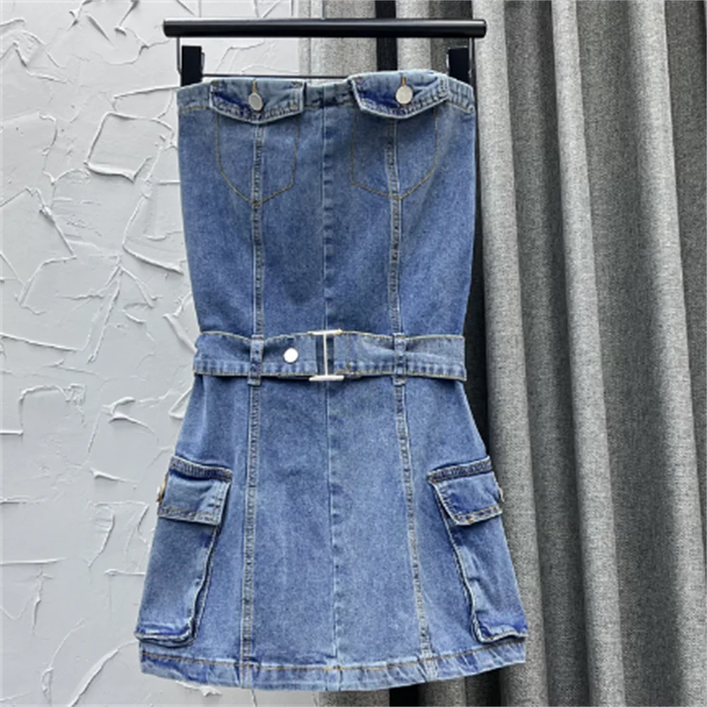 Strapless Backless Zipper Split Dress Party Blue Denim Cowboy new summer dress for women belt pocket dress
Strapless Backless Zipper Split Dress Party Blue Denim Cowboy new summer dress for women belt pocket dress