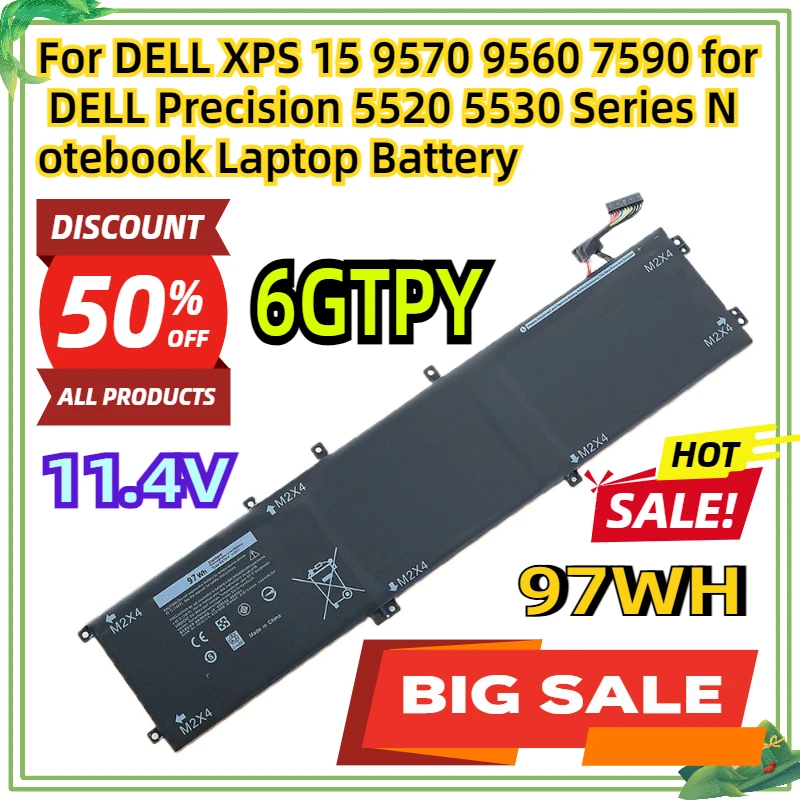 For DELL XPS 15 9570 9560 7590 for DELL Precision 5520 5530 Series Notebook 11.4V 97WH 6GTPY Laptop Battery
For DELL XPS 15 9570 9560 7590 for DELL Precision 5520 5530 Series Notebook 11.4V 97WH 6GTPY Laptop Battery
