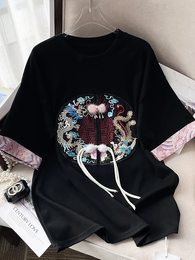Loose plus Size Women's T-Shirt Summer Base Shirt Upper Body Embroidered Hoof Sleeve Ethnic Chinese Style plus Size Top
Loose plus Size Women's T-Shirt Summer Base Shirt Upper Body Embroidered Hoof Sleeve Ethnic Chinese Style plus Size Top