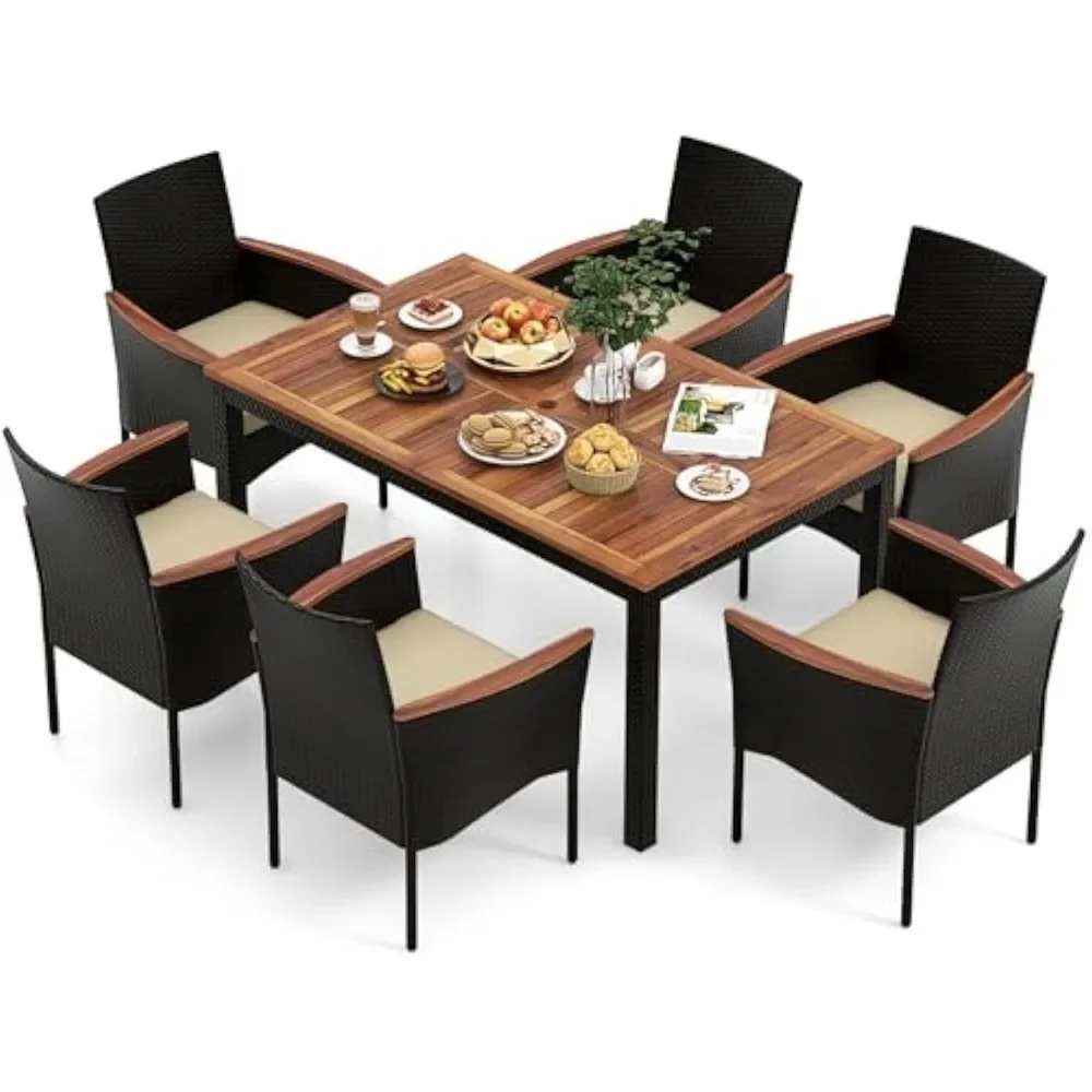 Outdoor Dining Set for 6, PE Rattan Wicker Patio Furniture Set with Wood Table & Cushioned Armchairs
Outdoor Dining Set for 6, PE Rattan Wicker Patio Furniture Set with Wood Table & Cushioned Armchairs