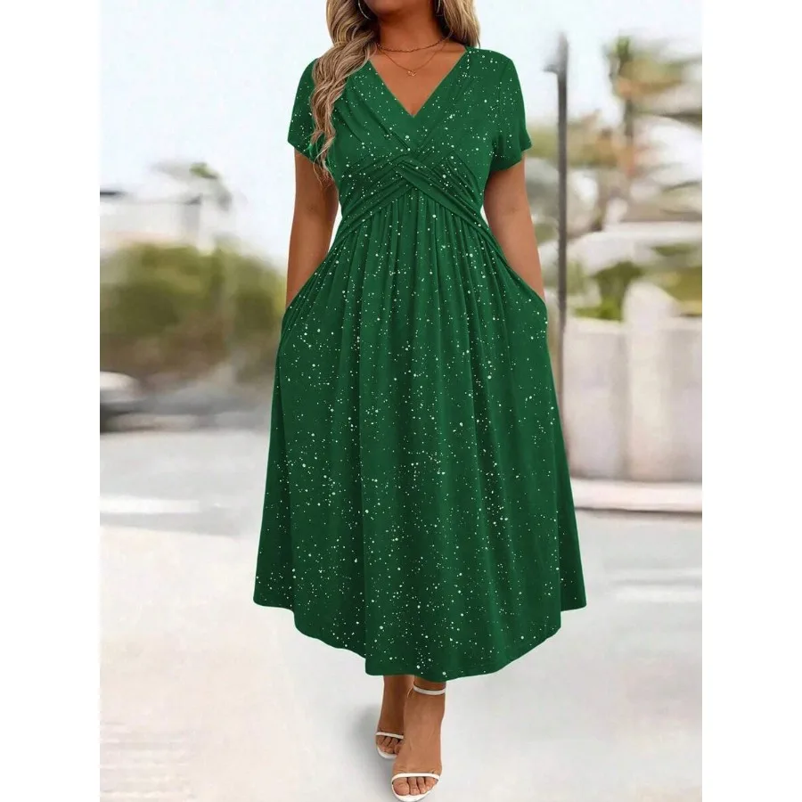 【New style】Plus Size Women's Sparkly Criss- Pocket Twist Knot Dress, New Spring/Summer Fashion Export To Europe and US Vacation
【New style】Plus Size Women's Sparkly Criss- Pocket Twist Knot Dress, New Spring/Summer Fashion Export To Europe and US Vacation