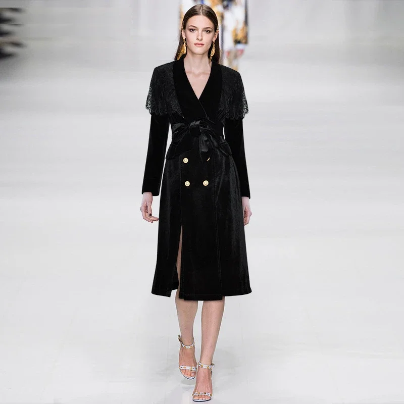 2023 Fashion Designer Runway Windbreaker Coat Long Sleeve Double-Breasted Black Velvet Lace Cloak Dresses
2023 Fashion Designer Runway Windbreaker Coat Long Sleeve Double-Breasted Black Velvet Lace Cloak Dresses