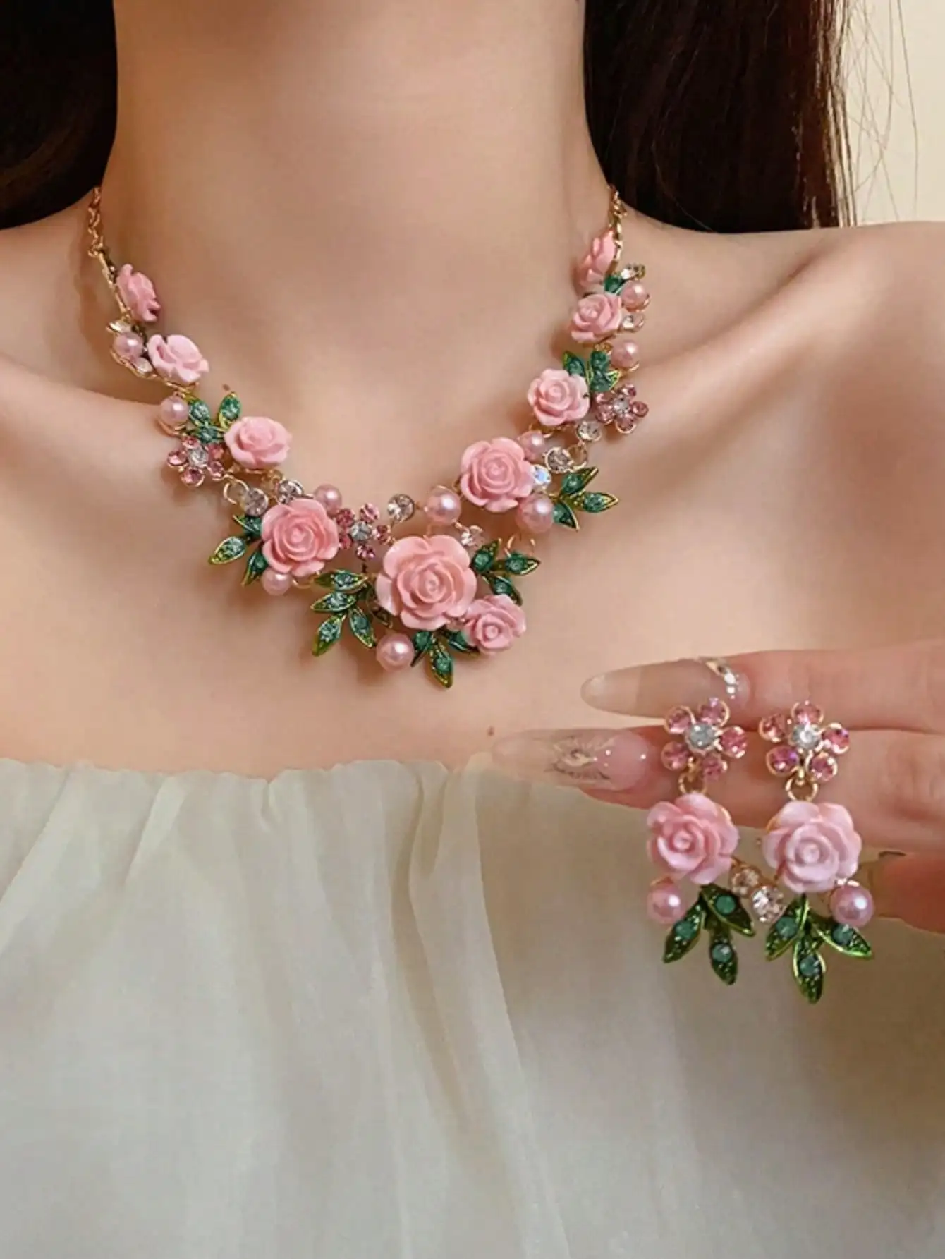 Pink Floral Resin Pearl Rhinestone Necklace Earrings Set Choker for Party Wedding
Pink Floral Resin Pearl Rhinestone Necklace Earrings Set Choker for Party Wedding
