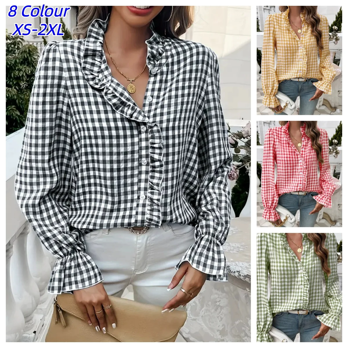 Fungus Edge Stand Collar Plaid Long-sleeved Shirt Women Fall Summer Casual Loose Single-breasted Female Versatile Shirt Tops
Fungus Edge Stand Collar Plaid Long-sleeved Shirt Women Fall Summer Casual Loose Single-breasted Female Versatile Shirt Tops