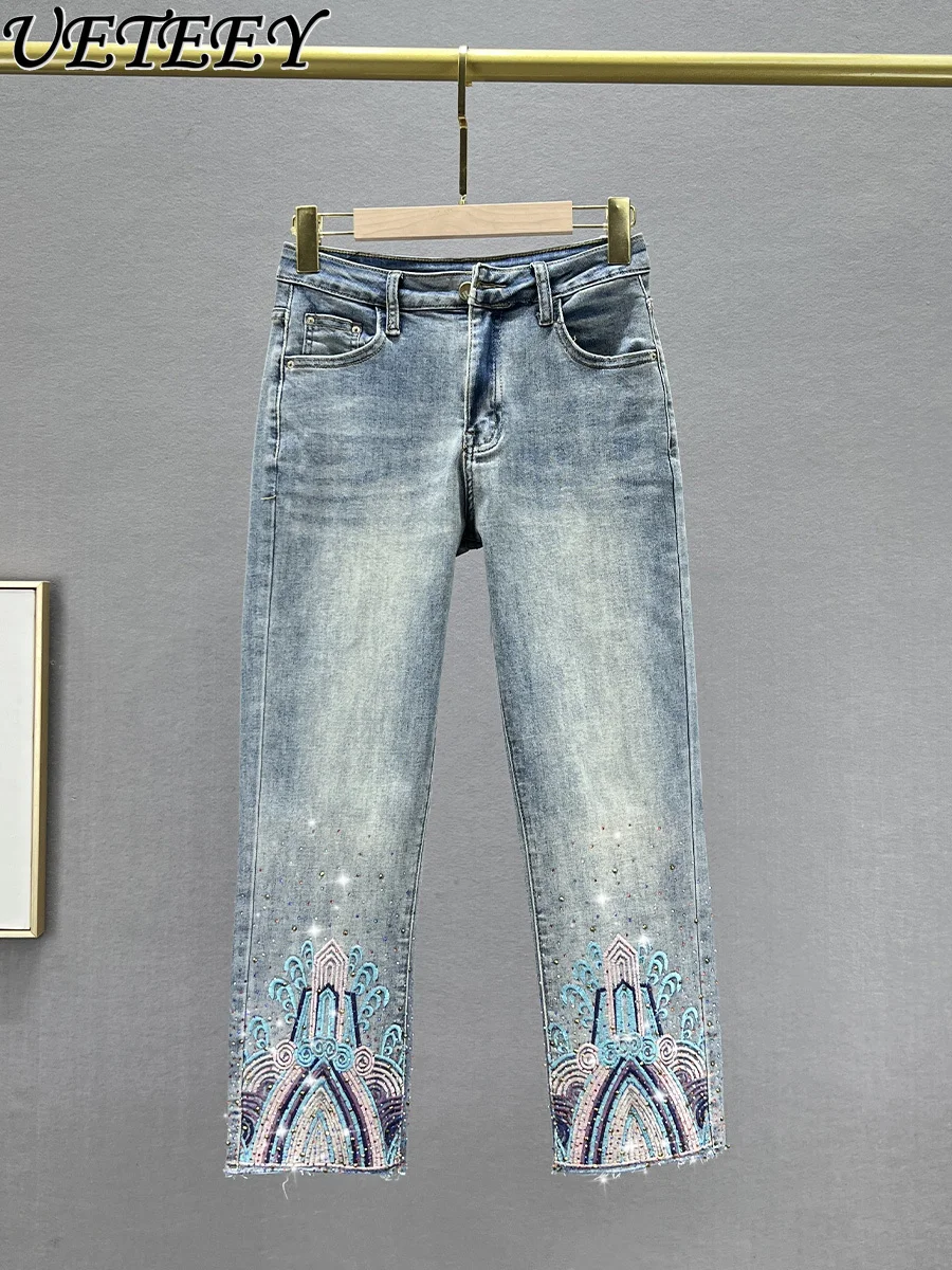 Embroidered Rhinestone Jeans for Women New Spring Summer Elastic High Waist Slimming Ethnic Style Cropped Straight-Leg Pants
Embroidered Rhinestone Jeans for Women New Spring Summer Elastic High Waist Slimming Ethnic Style Cropped Straight-Leg Pants