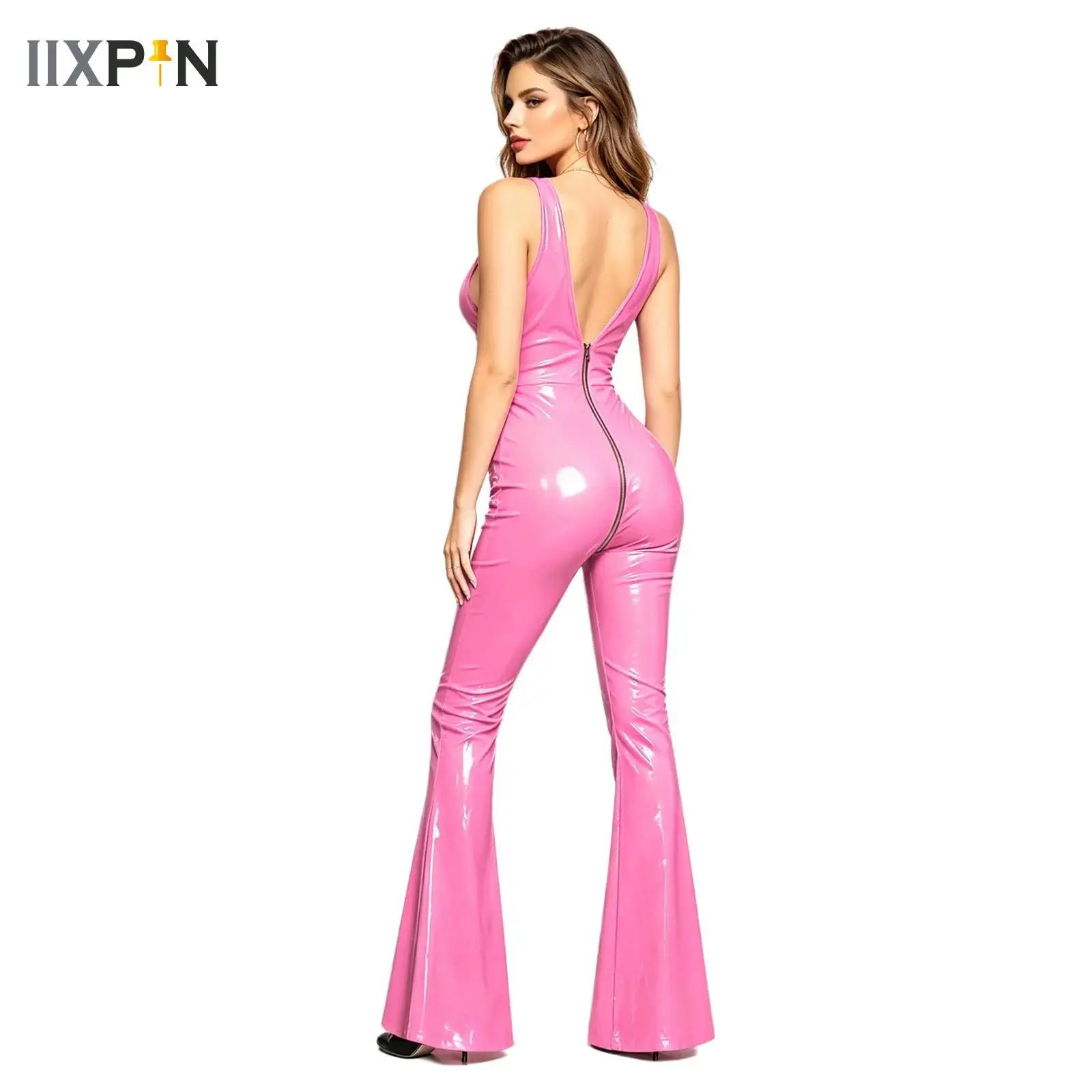 Women Glossy PU Flared Jumpsuit Deep V Neck Double-ended Zipper Split Bell Bottoms Sleeveless Unitard Rompers Club Bodysuit
Women Glossy PU Flared Jumpsuit Deep V Neck Double-ended Zipper Split Bell Bottoms Sleeveless Unitard Rompers Club Bodysuit