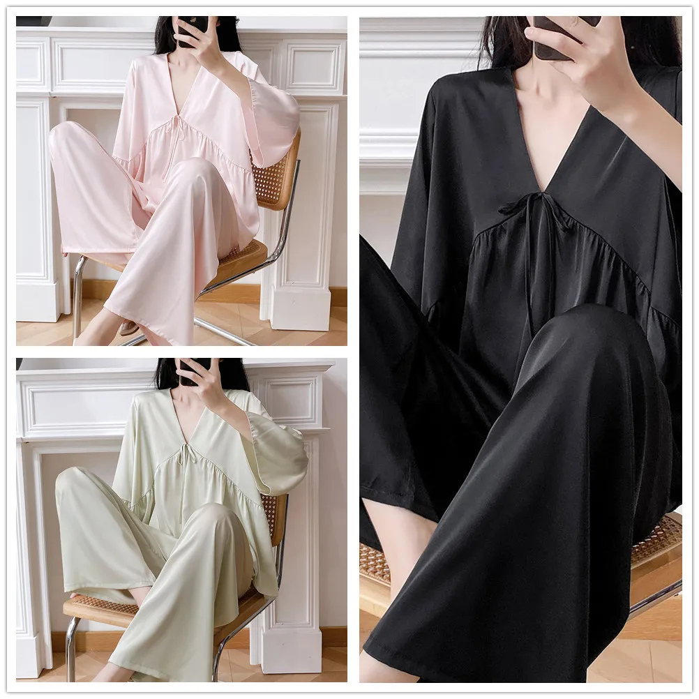 Female 2PCS Pajamas Set Loungewear Pink Silk Satin Pullover Trouser Pijamas Suit Summer Autumn Sleepwear Homewear
Female 2PCS Pajamas Set Loungewear Pink Silk Satin Pullover Trouser Pijamas Suit Summer Autumn Sleepwear Homewear