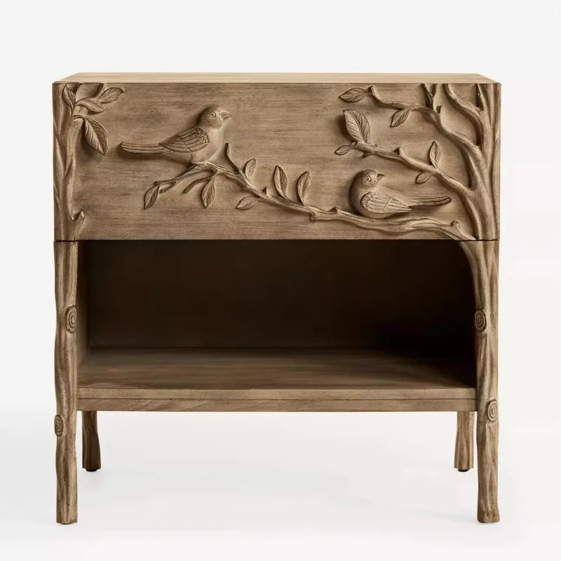 Country style solid wood carved bird branch bedside table, retro imitation old single drawer open storage bedside table
Country style solid wood carved bird branch bedside table, retro imitation old single drawer open storage bedside table